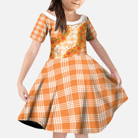 Orange Hawaii Palaka Family Matching Off The Shoulder Long Sleeve Dress and Hawaiian Shirt Hawaiian Ilima Lei LT05 Daughter's Dress Orange - Polynesian Pride