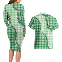 Green Hawaii Palaka Couples Matching Long Sleeve Bodycon Dress and Hawaiian Shirt Hawaiian Pikake Lei LT05 - Polynesian Pride