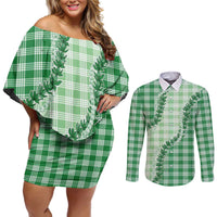 Green Hawaii Palaka Couples Matching Off Shoulder Short Dress and Long Sleeve Button Shirt Hawaiian Pikake Lei LT05 Green - Polynesian Pride