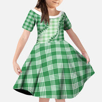Green Hawaii Palaka Family Matching Off Shoulder Short Dress and Hawaiian Shirt Hawaiian Pikake Lei
