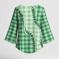 Green Hawaii Palaka Kimono Sleeve Blouse Hawaiian Pikake Lei