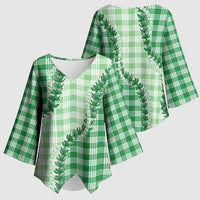 Green Hawaii Palaka Kimono Sleeve Blouse Hawaiian Pikake Lei
