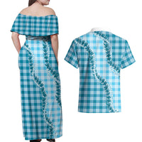 Blue Hawaii Palaka Couples Matching Off Shoulder Maxi Dress and Hawaiian Shirt Hawaiian Pikake Lei LT05 - Polynesian Pride