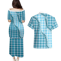 Blue Hawaii Palaka Couples Matching Puletasi and Hawaiian Shirt Hawaiian Pikake Lei