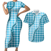 Blue Hawaii Palaka Couples Matching Short Sleeve Bodycon Dress and Hawaiian Shirt Hawaiian Pikake Lei LT05 Blue - Polynesian Pride
