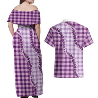 Violet Hawaii Palaka Couples Matching Off Shoulder Maxi Dress and Hawaiian Shirt Hawaiian Pikake Lei LT05 - Polynesian Pride