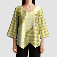 Yellow Hawaii Palaka Kimono Sleeve Blouse Hawaiian Pikake Lei LT05 - Polynesian Pride