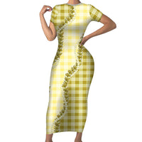 Yellow Hawaii Palaka Short Sleeve Bodycon Dress Hawaiian Pikake Lei LT05 Long Dress Yellow - Polynesian Pride