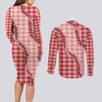 Red Hawaii Palaka Couples Matching Long Sleeve Bodycon Dress and Long Sleeve Button Shirt Hawaiian Pikake Lei LT05 - Polynesian Pride