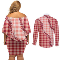 Red Hawaii Palaka Couples Matching Off Shoulder Short Dress and Long Sleeve Button Shirt Hawaiian Pikake Lei LT05 - Polynesian Pride