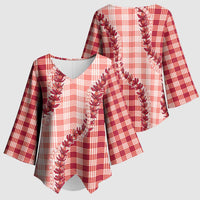 Red Hawaii Palaka Kimono Sleeve Blouse Hawaiian Pikake Lei LT05 - Polynesian Pride