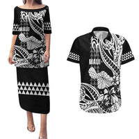 Hawaii Maui Upena Kiloi Couples Matching Puletasi and Hawaiian Shirt Kakau Tribal Pattern Black Version