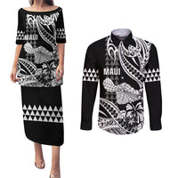 Hawaii Maui Upena Kiloi Couples Matching Puletasi and Long Sleeve Button Shirt Kakau Tribal Pattern Black Version