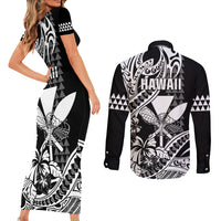 Hawaii Maui Upena Kiloi Couples Matching Short Sleeve Bodycon Dress and Long Sleeve Button Shirt Kakau Tribal Pattern Black Version