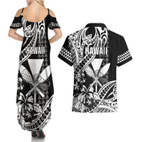 Hawaii Maui Upena Kiloi Couples Matching Summer Maxi Dress and Hawaiian Shirt Kakau Tribal Pattern Black Version