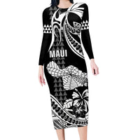 Hawaii Maui Upena Kiloi Family Matching Long Sleeve Bodycon Dress and Hawaiian Shirt Kakau Tribal Pattern Black Version