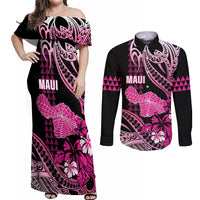 Hawaii Maui Upena Kiloi Couples Matching Off Shoulder Maxi Dress and Long Sleeve Button Shirt Kakau Tribal Pattern Pink Version