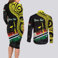 Personalised Vanuatu Penama Day Couples Matching Long Sleeve Bodycon Dress and Long Sleeve Button Shirt Grunge Flag Style - Polynesian Pride