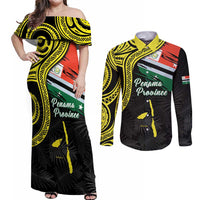 Personalised Vanuatu Penama Day Couples Matching Off Shoulder Maxi Dress and Long Sleeve Button Shirt Grunge Flag Style - Polynesian Pride