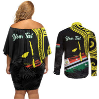 Personalised Vanuatu Penama Day Couples Matching Off Shoulder Short Dress and Long Sleeve Button Shirt Grunge Flag Style - Polynesian Pride
