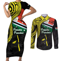 Personalised Vanuatu Penama Day Couples Matching Short Sleeve Bodycon Dress and Long Sleeve Button Shirt Grunge Flag Style - Polynesian Pride