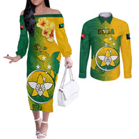 Papua New Guinea Enga Province Couples Matching Off The Shoulder Long Sleeve Dress and Long Sleeve Button Shirts Mix Coat Of Arms Polynesian Pattern LT05 Green - Polynesian Pride