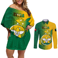 Personalized Papua New Guinea Enga Province Couples Matching Off Shoulder Short Dress and Long Sleeve Button Shirts Mix Coat Of Arms Polynesian Pattern LT05 Green - Polynesian Pride