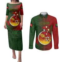 Papua New Guinea Chimbu Province Couples Matching Puletasi Dress and Long Sleeve Button Shirts Mix Coat Of Arms Polynesian Pattern LT05 Red - Polynesian Pride