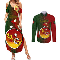 Papua New Guinea Chimbu Province Couples Matching Summer Maxi Dress and Long Sleeve Button Shirts Mix Coat Of Arms Polynesian Pattern LT05 Red - Polynesian Pride