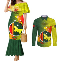 Papua New Guinea Oro Province Couples Matching Mermaid Dress and Long Sleeve Button Shirts Mix Coat Of Arms Polynesian Pattern LT05 Yellow - Polynesian Pride