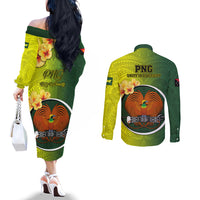 Papua New Guinea Oro Province Couples Matching Off The Shoulder Long Sleeve Dress and Long Sleeve Button Shirts Mix Coat Of Arms Polynesian Pattern LT05 - Polynesian Pride