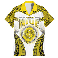 Personalised Niue The Rock Of Polynesia Family Matching Off The Shoulder Long Sleeve Dress and Hawaiian Shirt Peniamina Gospel Day Yellow Version