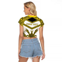 Personalised Niue The Rock Of Polynesia Raglan Cropped T Shirt Peniamina Gospel Day Yellow Version LT05 - Polynesian Pride