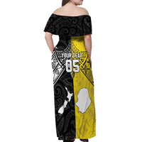 Custom New Zealand Maori And Niue Hiapo Off Shoulder Maxi Dress Lizard And Coconut Crab Together