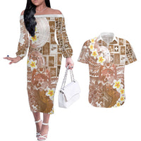 Tonga Christmas Couples Matching Off The Shoulder Long Sleeve Dress and Hawaiian Shirt Kilisimasi Fiefia Retro Style Brown LT05 Brown - Polynesian Pride
