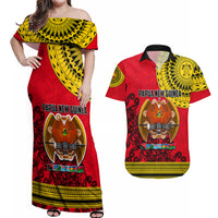 Papua New Guinea Couples Matching Off Shoulder Maxi Dress and Hawaiian Shirt Melanesian Festival 2023 LT6 Red - Polynesian Pride