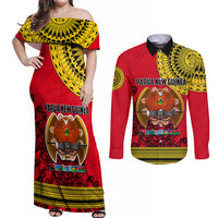 Papua New Guinea Couples Matching Off Shoulder Maxi Dress and Long Sleeve Button Shirts Melanesian Festival 2023 LT6 Red - Polynesian Pride