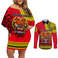 Papua New Guinea Couples Matching Off Shoulder Short Dress and Long Sleeve Button Shirts Melanesian Festival 2023 LT6 Red - Polynesian Pride