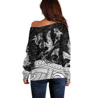 Polynesian Tribal Off Shoulder Sweater with Sharks Tattoo White LT6 - Polynesian Pride