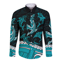 Polynesian Tribal Long Sleeve Button Shirt with Sharks Tattoo Green LT6 Unisex Green - Polynesian Pride