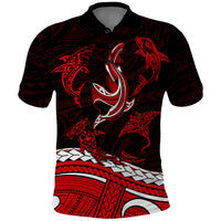Polynesian Tribal Polo Shirt with Sharks Tattoo Red LT6 Red - Polynesian Pride
