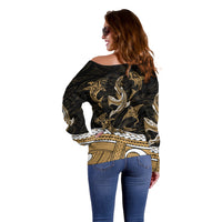 Polynesian Tribal Off Shoulder Sweater with Sharks Tattoo Gold LT6 - Polynesian Pride