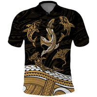 Polynesian Tribal Polo Shirt with Sharks Tattoo Gold LT6 Gold - Polynesian Pride