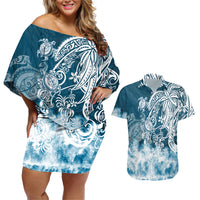 Polynesian Sea Turtle Couples Matching Off Shoulder Short Dress and Hawaiian Shirt Tribal Blue LT6 Blue - Polynesian Pride