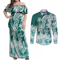 Polynesian Sea Turtle Couples Matching Off Shoulder Maxi Dress and Long Sleeve Button Shirts Tribal Green LT6 Green - Polynesian Pride