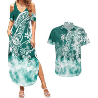 Polynesian Sea Turtle Couples Matching Summer Maxi Dress and Hawaiian Shirt Tribal Green LT6 Green - Polynesian Pride
