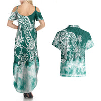 Polynesian Sea Turtle Couples Matching Summer Maxi Dress and Hawaiian Shirt Tribal Green LT6 - Polynesian Pride