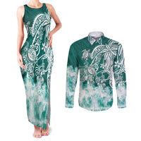 Polynesian Sea Turtle Couples Matching Tank Maxi Dress and Long Sleeve Button Shirts Tribal Green LT6 Green - Polynesian Pride