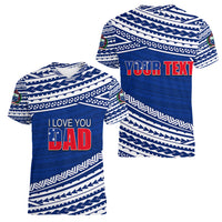 (Custom Personalised) Happy Fathers Day Samoa Women V Neck T Shirt I Love You Dad Blue LT6 - Polynesian Pride