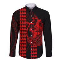 Polynesian Long Sleeve Button Shirt Hawaiian Warrior and Aloha Girl With Hammerhead Shark Tattoos Red LT6 Unisex Red - Polynesian Pride
